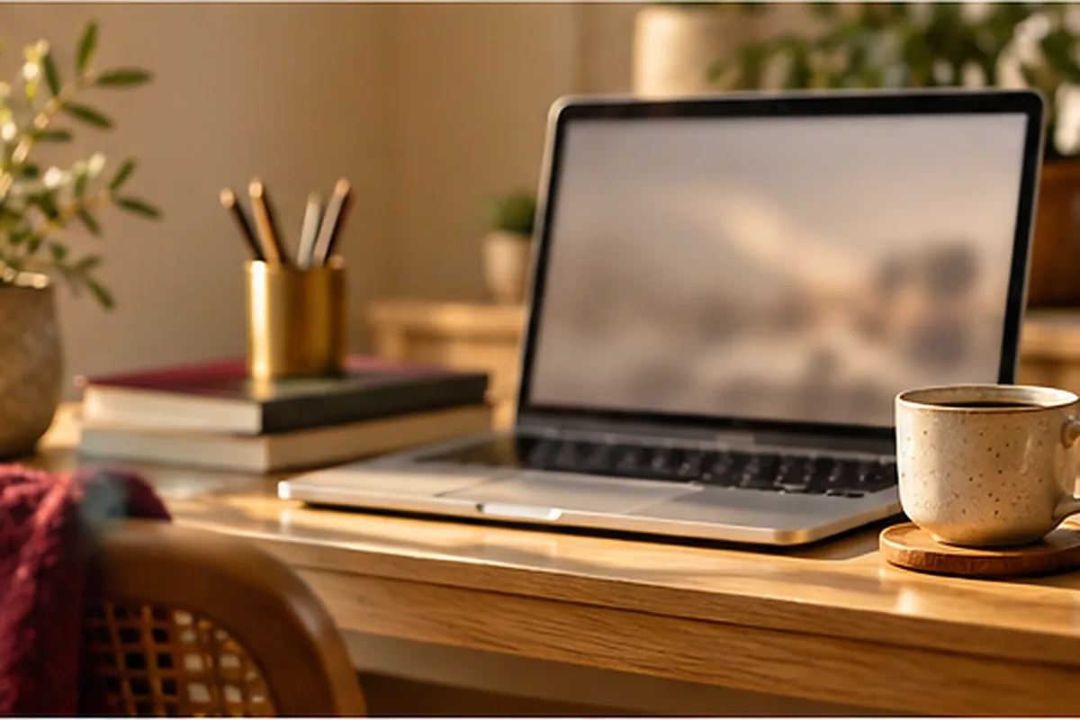 Canto de escritório em casa com notebook aberto, xícara de café e planta, à luz da janela