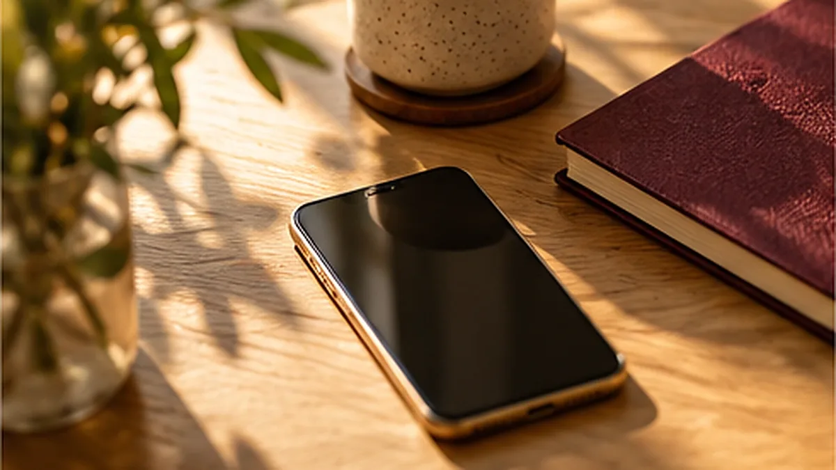 Celular apoiado em uma mesa de madeira, ao lado de uma xícara e de um caderno de capa vinho