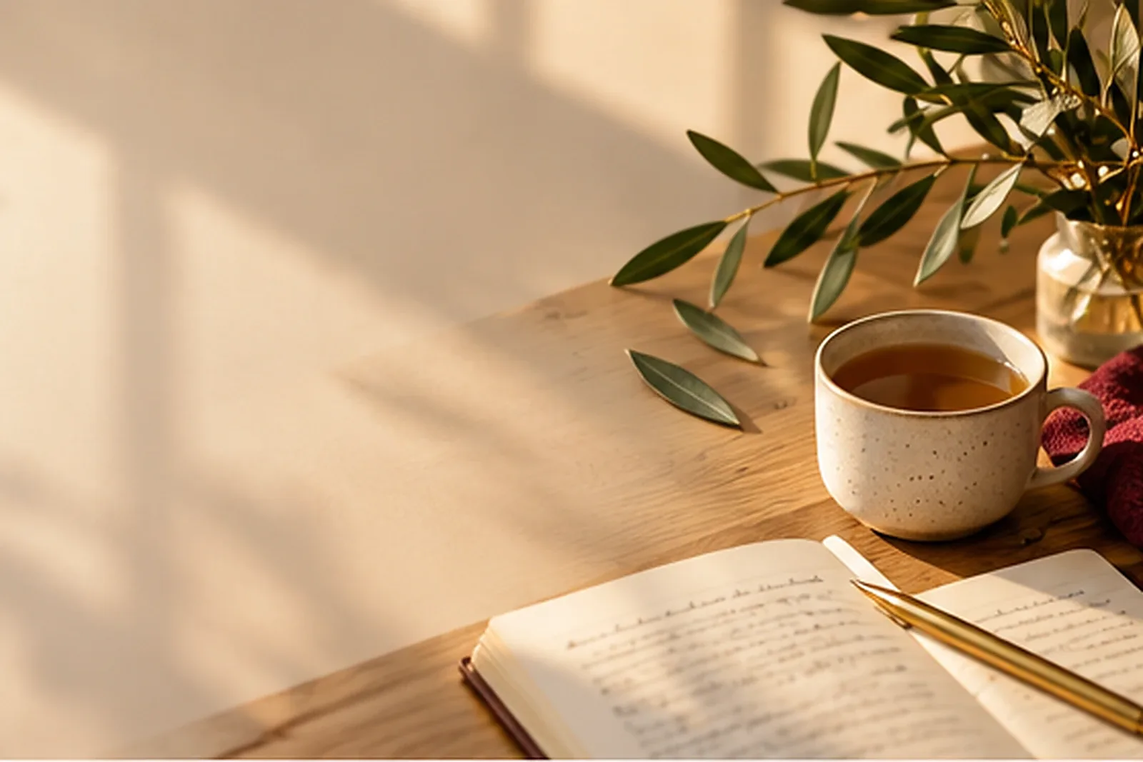 Mesa de madeira com caderno aberto, xícara de chá e um ramo de oliveira, à luz da tarde