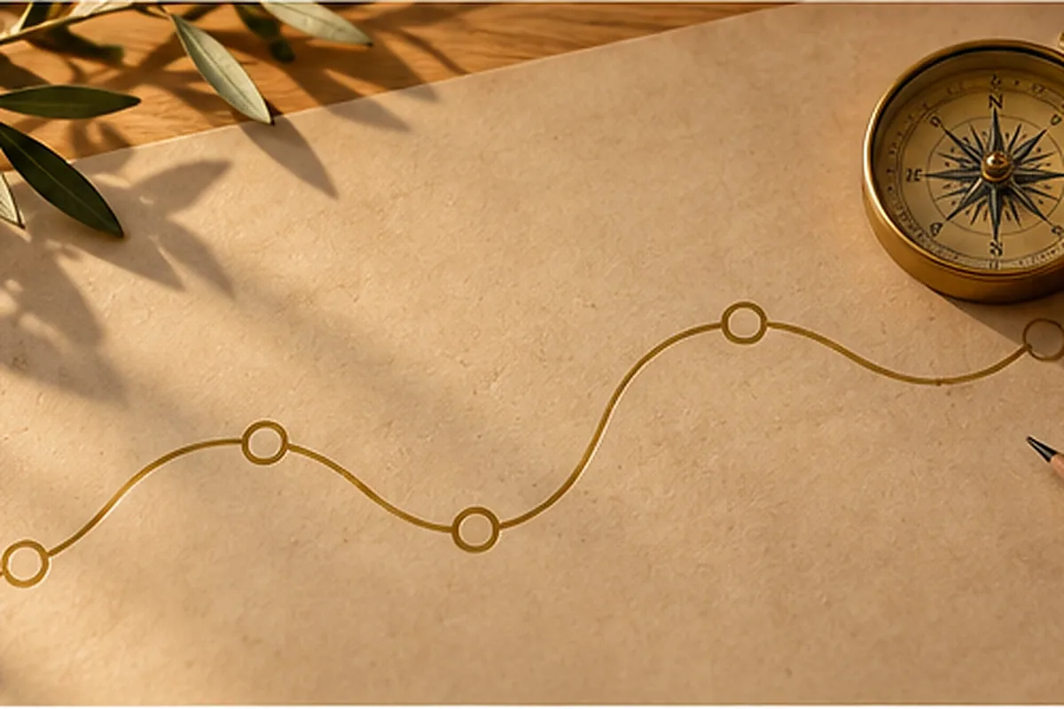 Folha de papel kraft com um caminho dourado marcado por círculos, uma bússola e um ramo de oliveira